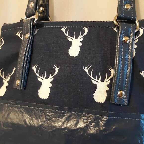 New Vinyl Double handle Shoulder Satchel Bag Purse Navy Blue White Deer Western - Picture 10 of 12